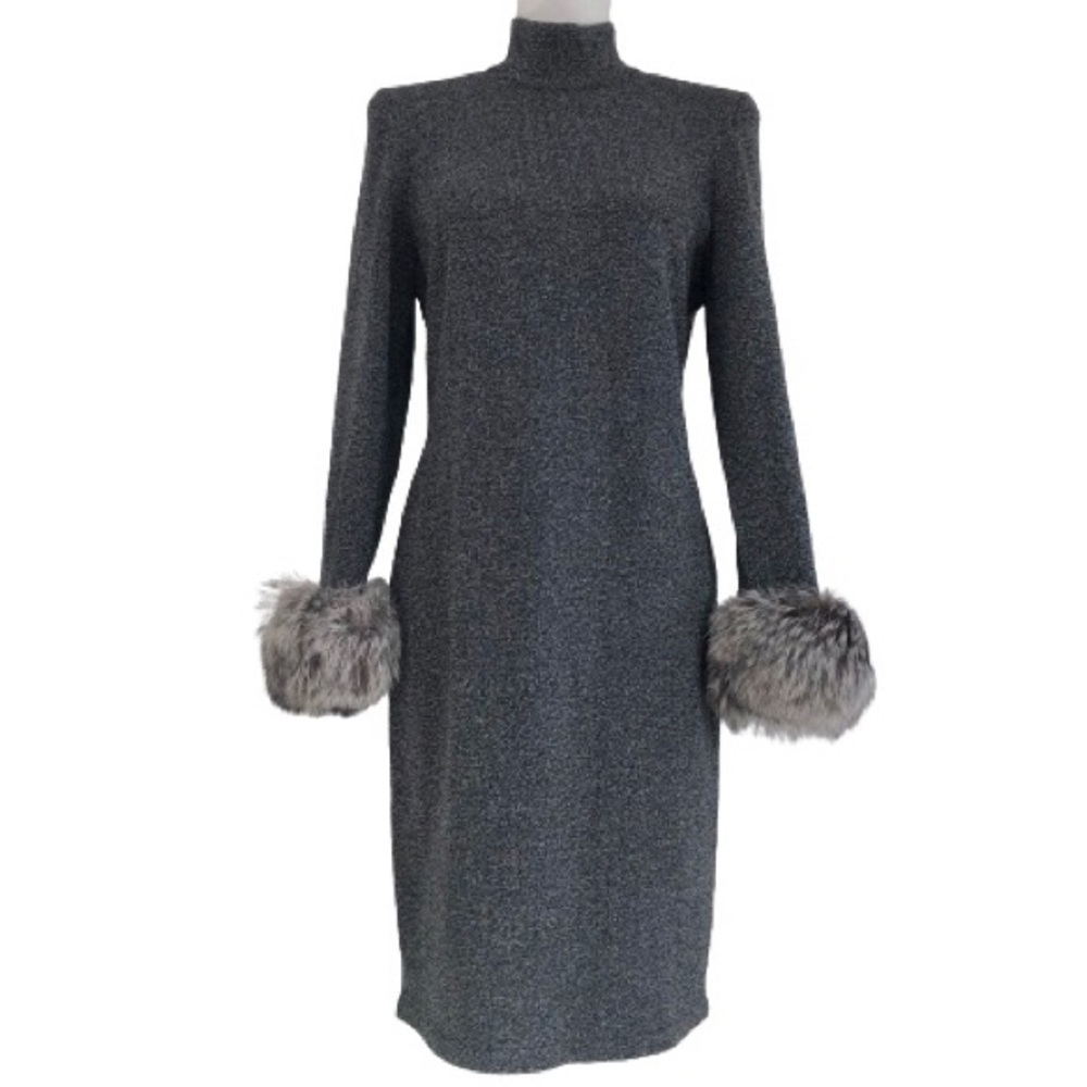 ⭐️Toula⭐️Silver Fox Fur Cuffs Grey Wool Blend Elegant Midi Dress Women's Size 8